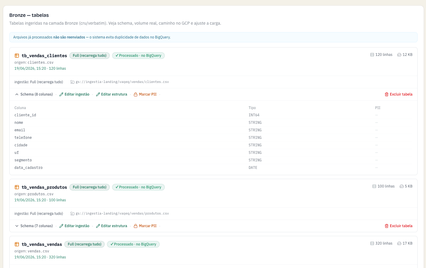 Camada Bronze da ingestia.io — tabelas, schema e volume dos dados ingeridos